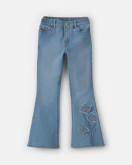 Girls Floral Denim Flare Jeans - Light Wash