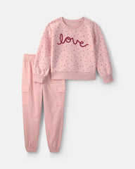 Girls 2-Piece 'Love' Fleece Pullover & Pant Set - Pink
