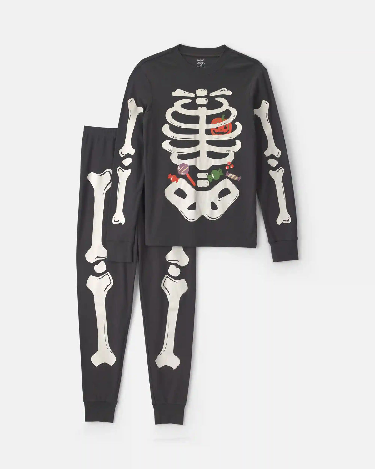 Adult 2-Piece Halloween Glow in the Dark Skeleton 100% Cotton Snug Fit Pajama Set - Black