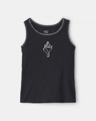 Girls 2-Piece Shell Embroidered Rib Tank Top & Short Set - Black