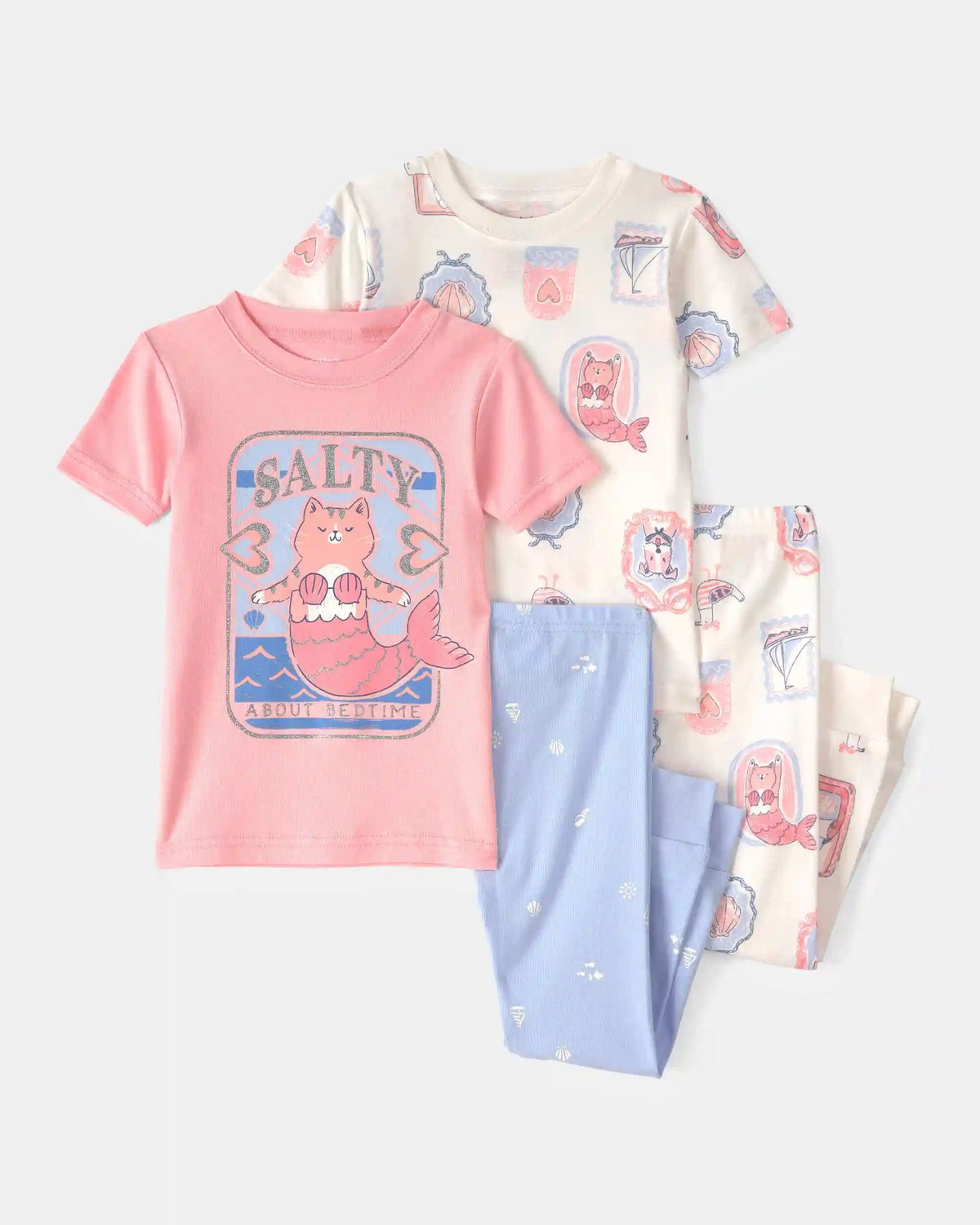 Toddler Girl Mermaid Cat 100% Cotton Snug Fit 4-Piece Pajama Set - Pink/Ivory