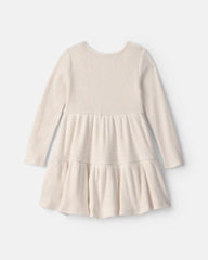 Toddler Girl Flower Ribbed Long-Sleeve Dress - Cream