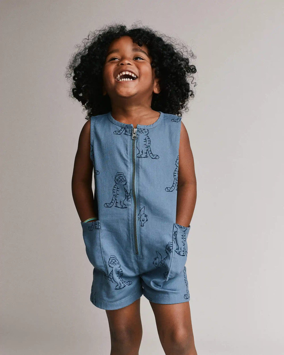 Toddler Romper with Otter Pockets in Fishing Tiger Print - Slate Blue
