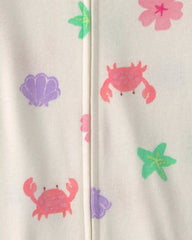 Toddler Girl Sea Critters 100% Cotton 1-Piece Romper Pajama - Cream