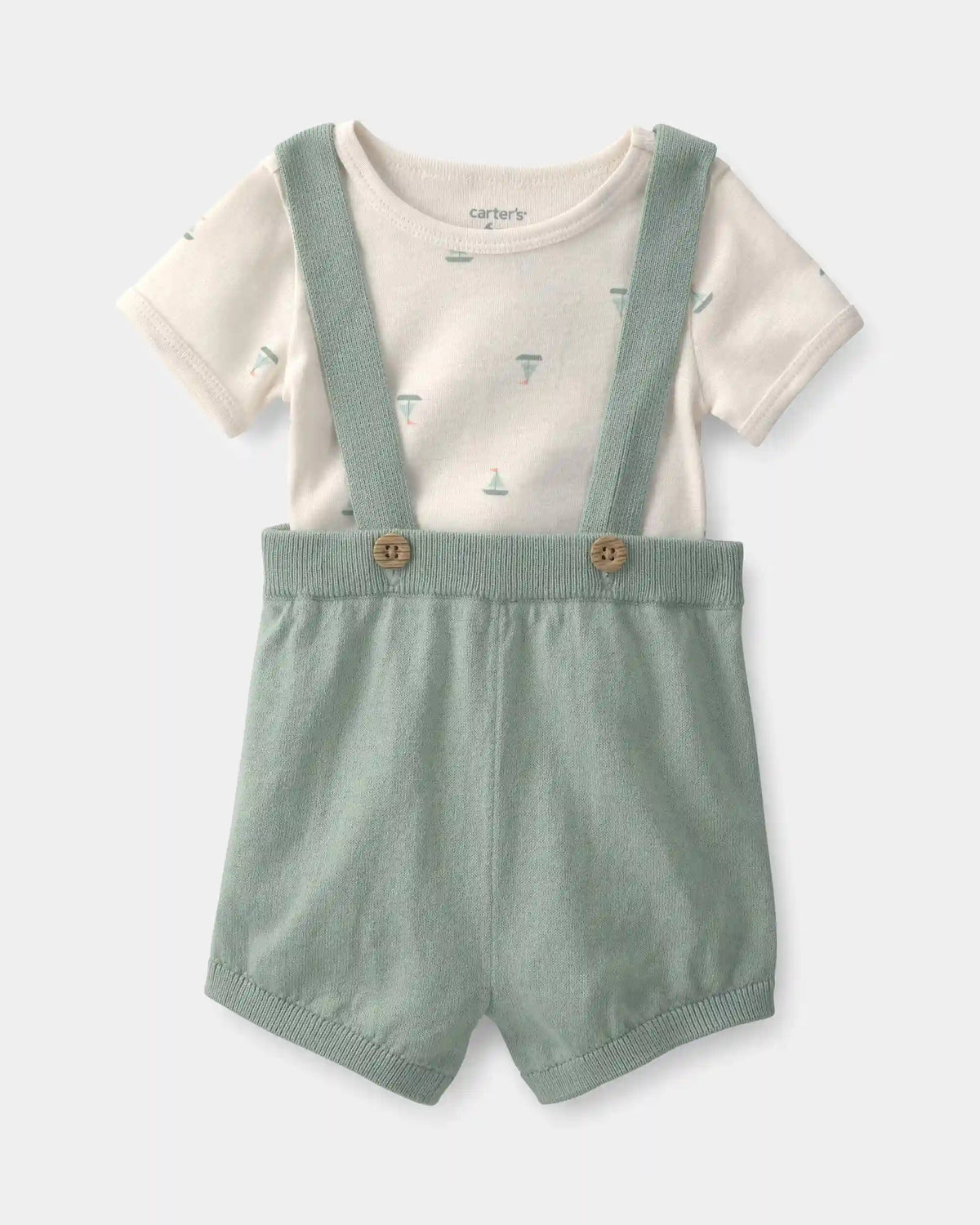 Baby 2-Piece Sailboat Overall Set - Green/Ivory