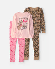 Girls 4-Piece 'Sassy Cat' Leopard 100% Cotton Snug Fit Pajama Set - Pink/Brown