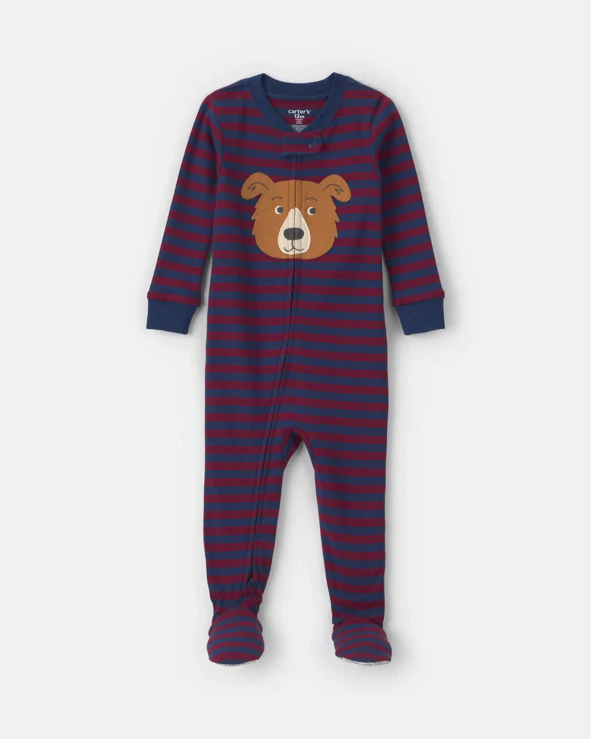 Baby Boy 1-Piece Dog Striped 2-Way Zip 100% Cotton Snug Fit Footed Pajama - Burgundy/Blue